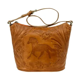 American West Hitchin Post Natural Tan Leather Tooled Zip Top Bucket Tote