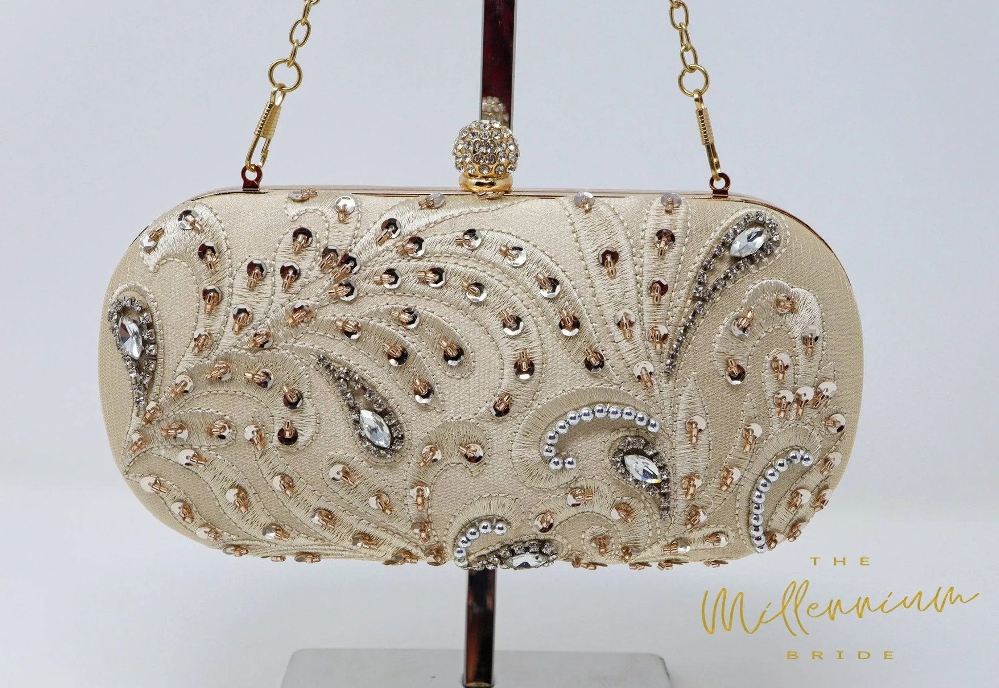 Beige Crystal Leaves and Beads Embroidered Wedding Clutch, Statement Bag, Evening Clutch, Wedding Clutch, Bridal Bag, Beige Cross Body Bag