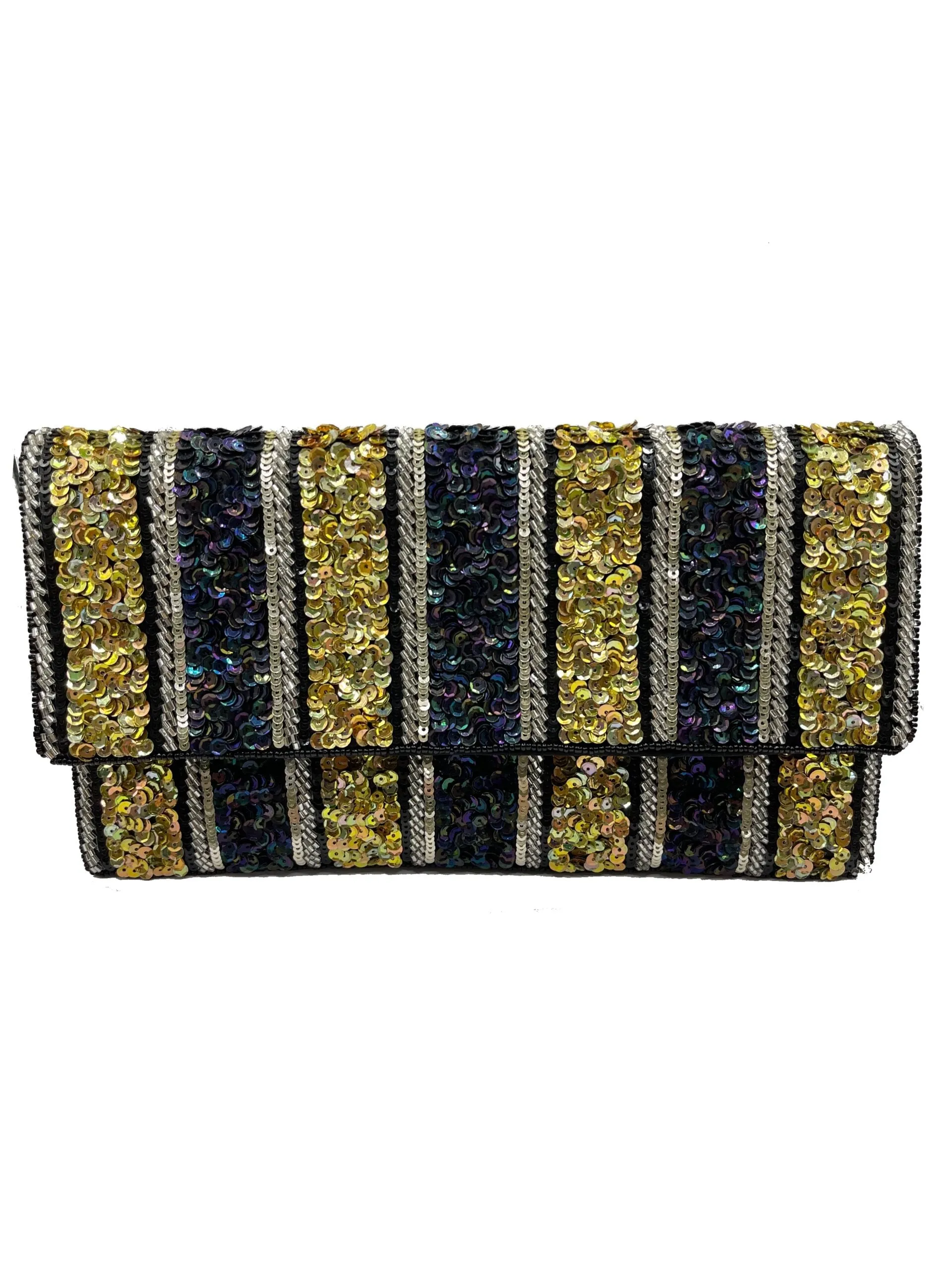 Black, Gold & Silver Stripes Beaded Clutch