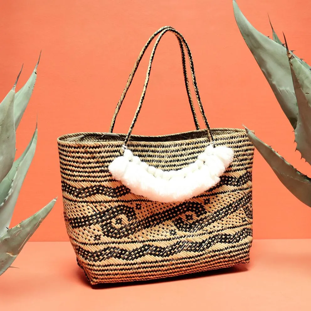 Borneo Medio Straw Tote Bag - Hand Bag With White Roman Tassels