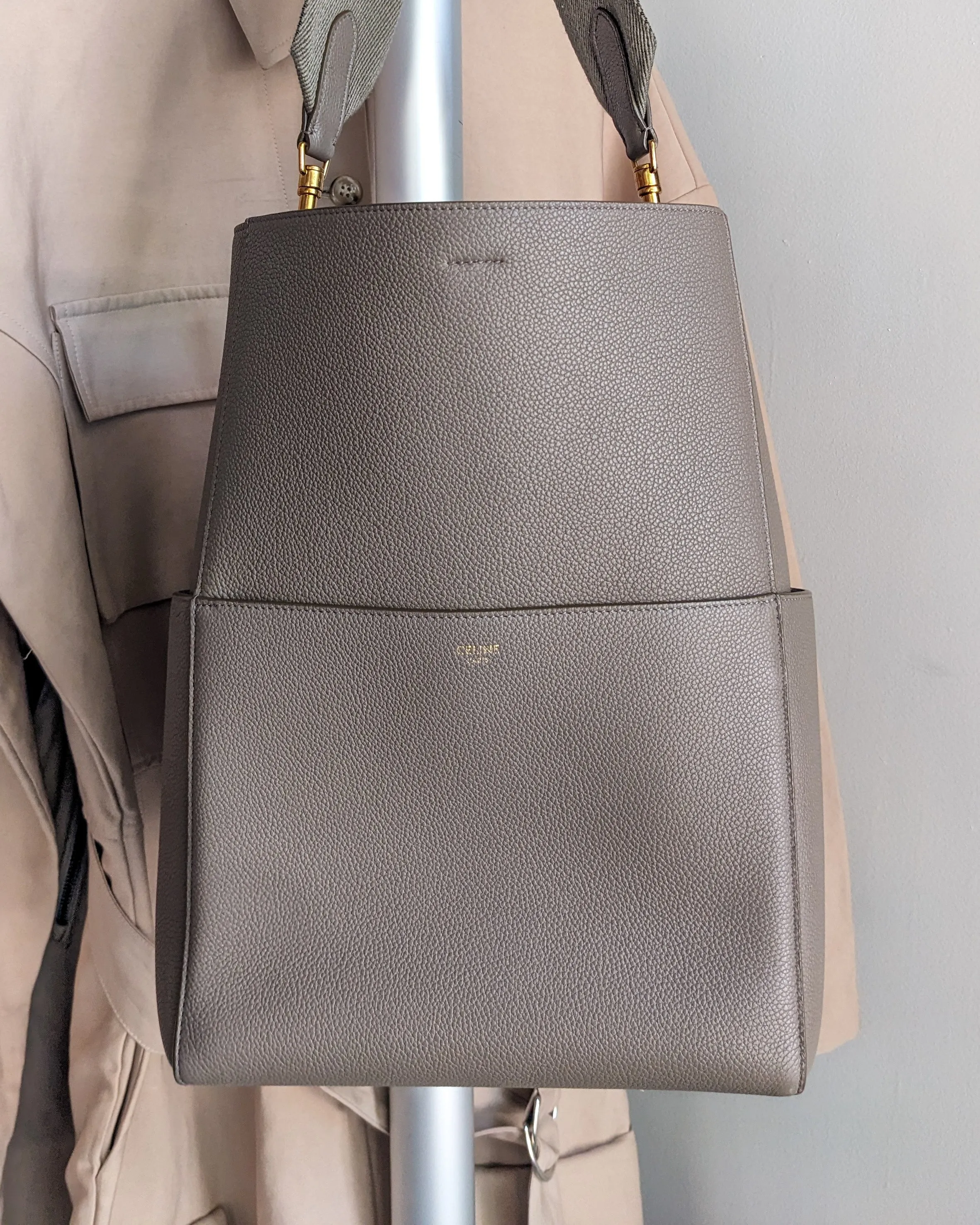 Celine Sangle Seau Taupe Grey Soft Grained Calfskin Leather Shoulder Bag