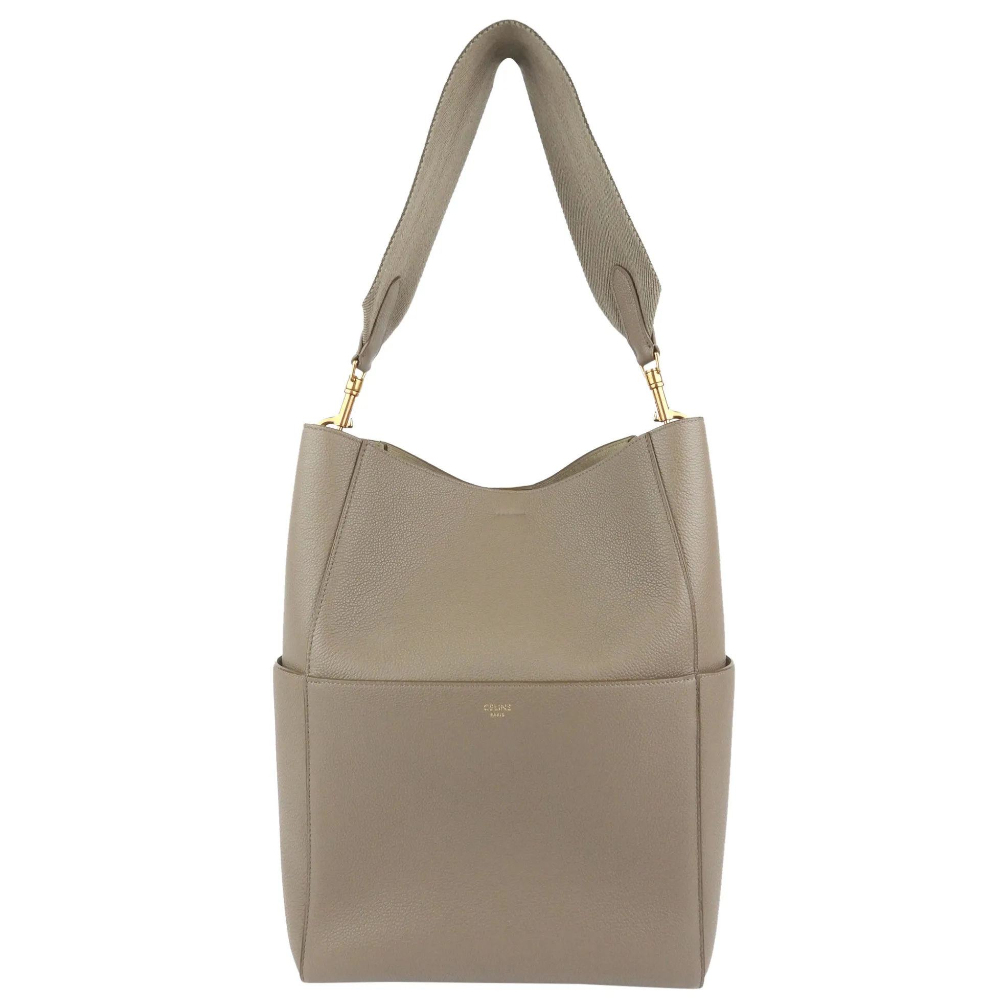 Celine Sangle Seau Taupe Grey Soft Grained Calfskin Leather Shoulder Bag