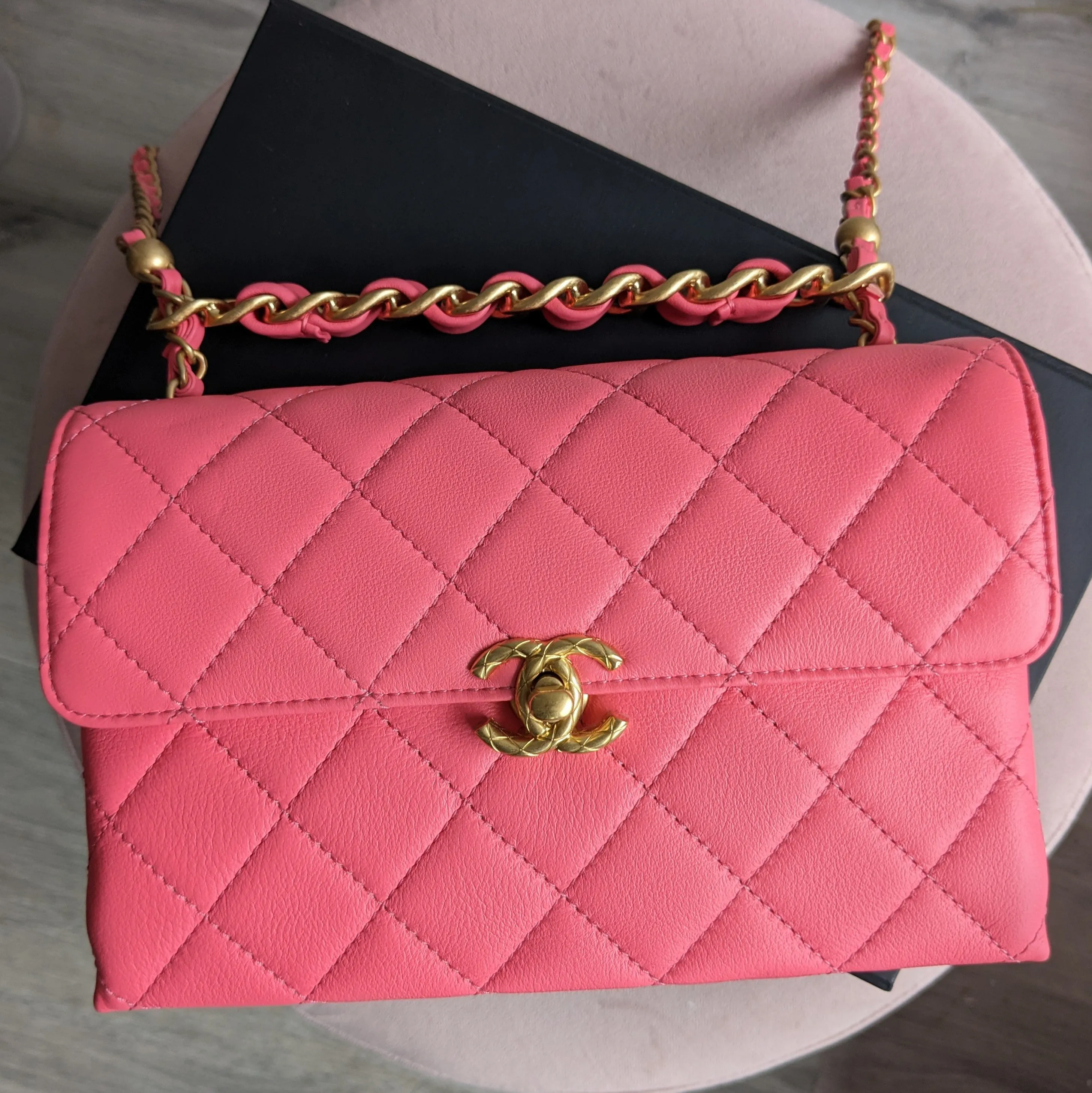 Chanel 22S Small Rose Pink Calfskin Leather Two Way Flap Bag