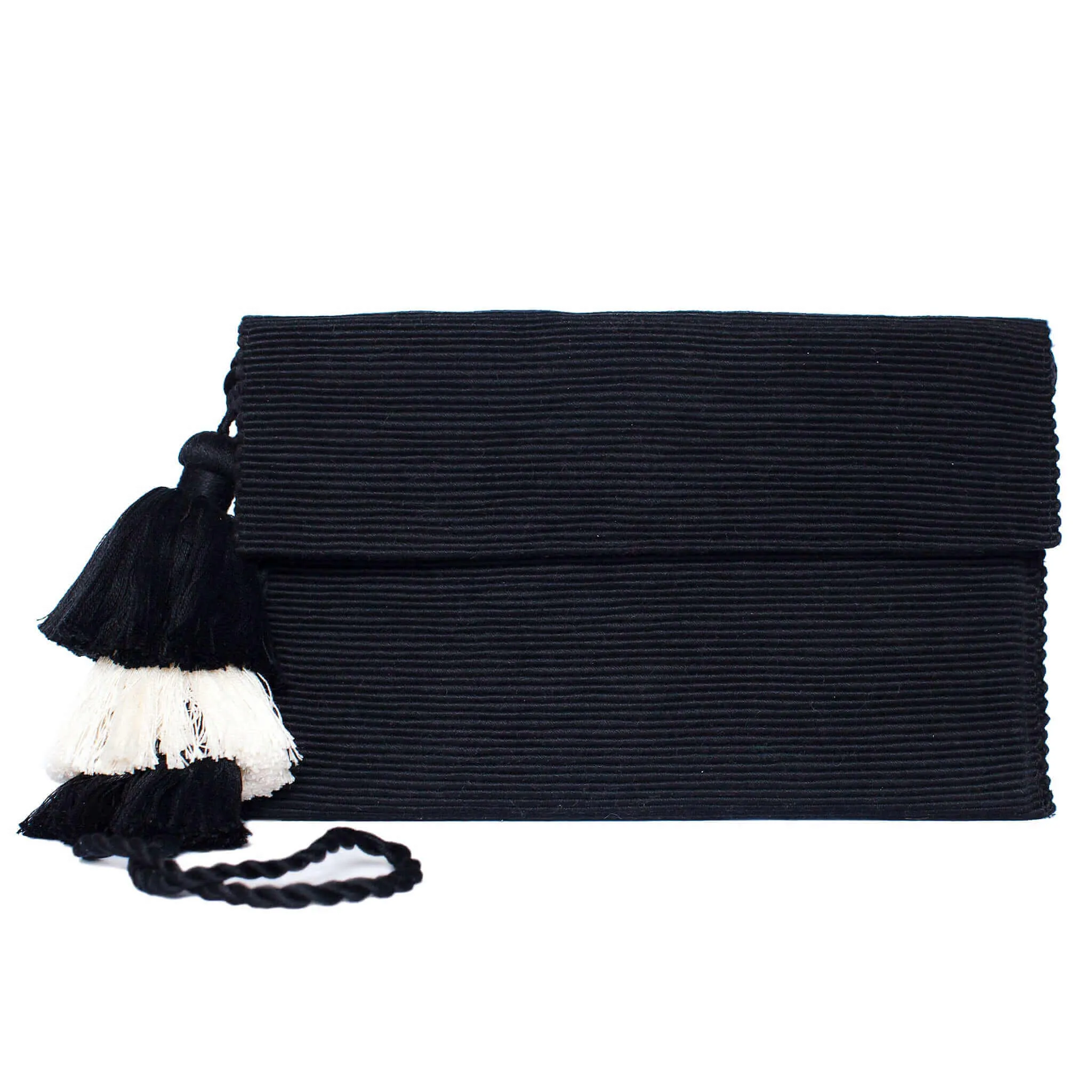 Cotton Clutch Bag in Black with Black and White Tassel