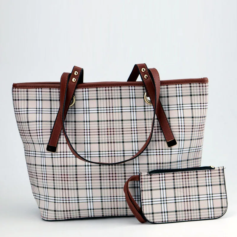 Designer Plaid Tote Bag with Hand Pouch