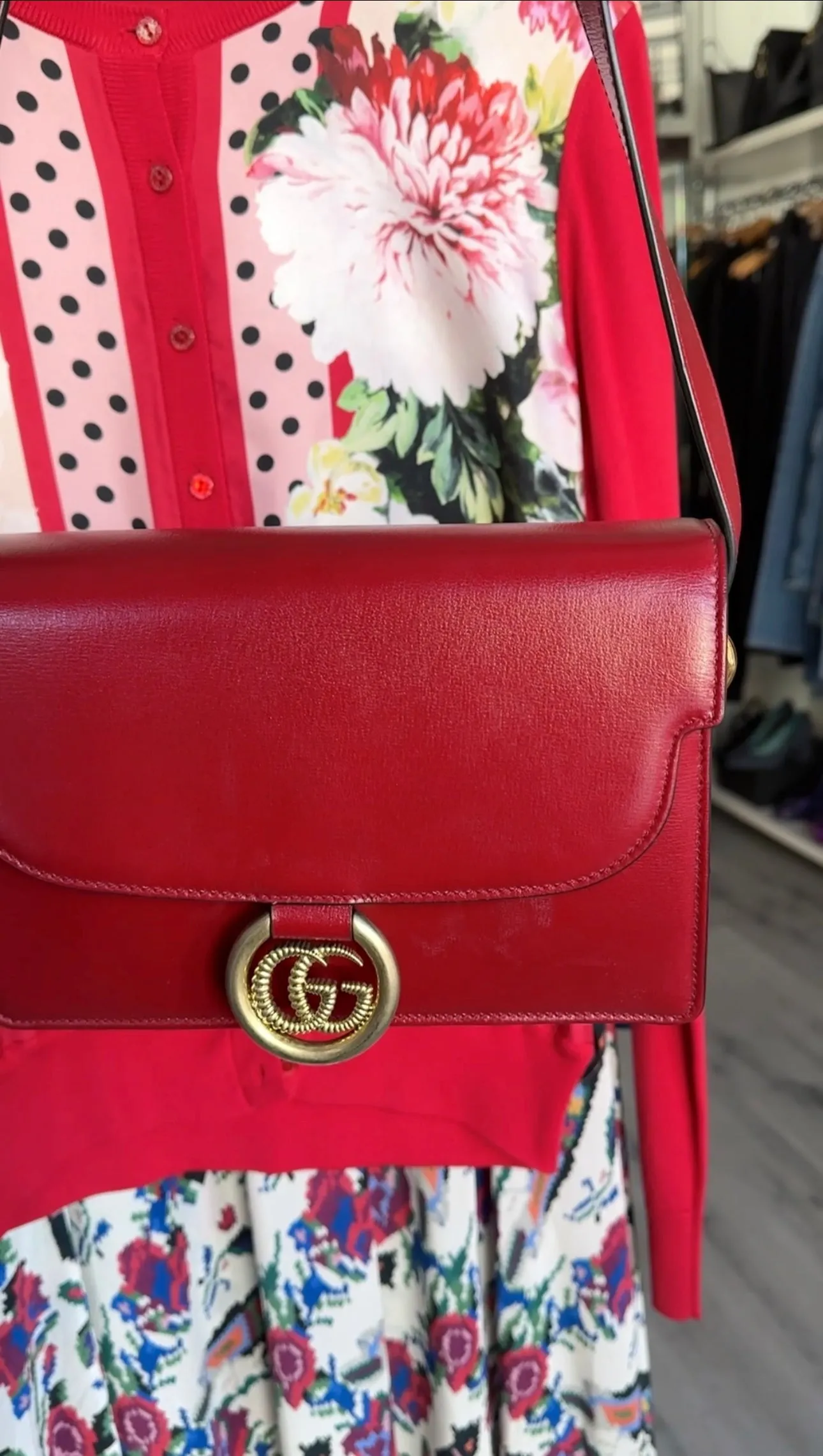 Gucci Medium Torchon GG Ring Red Leather Shoulder Bag