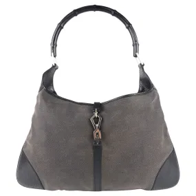 Gucci Vintage Grey Canvas and Black Leather Bamboo Hobo Shoulder Bag