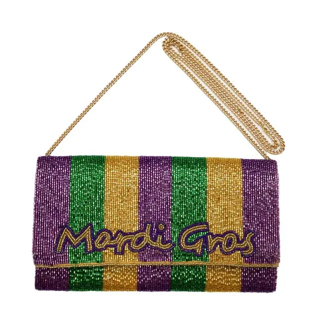 Mardi Gras Beaded Message Clutch Crossbody Bag