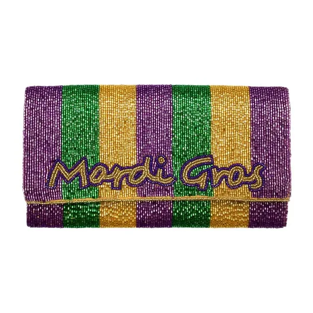 Mardi Gras Beaded Message Clutch Crossbody Bag