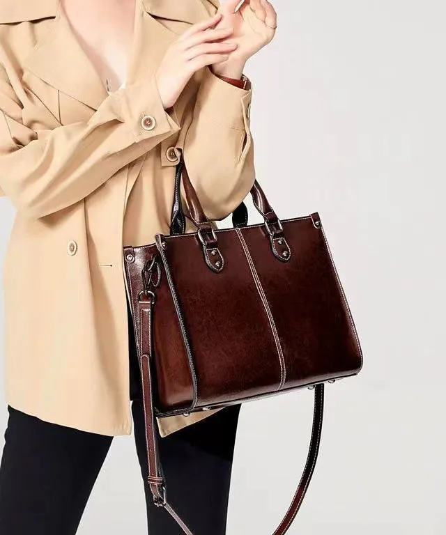 New Coffee Versatile European And American Cowhide Handbag ZX1018