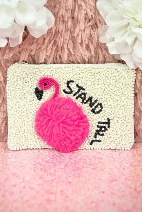 Pom Pom Flamingo beaded coin clutch