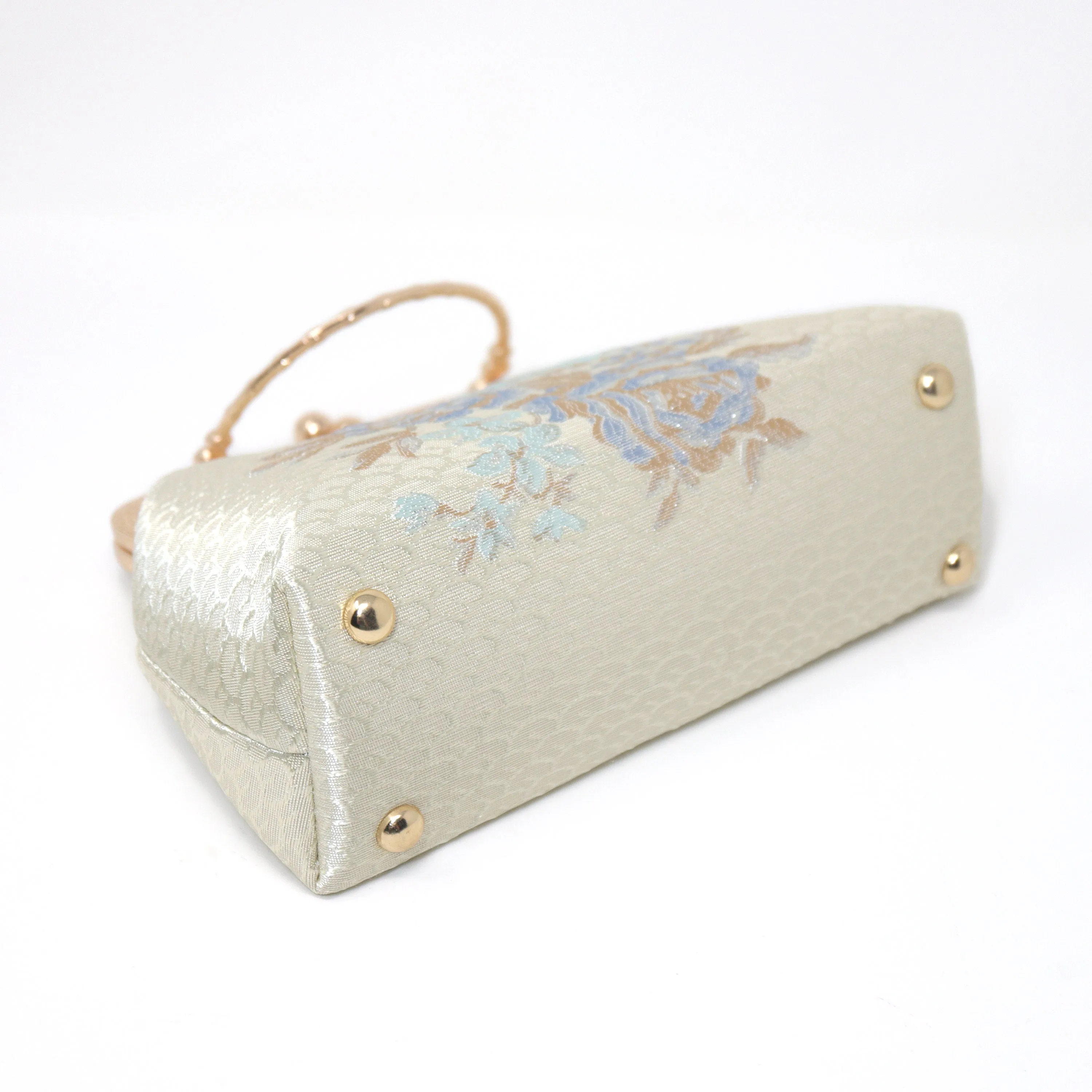 Shiny Cream Beige Gold Embroidered Blue Rose Floral Wedding Bag, Statement Bag, Evening Clutch, Bridal Clutch, White Cross Body Bag