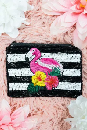 Stripes flamingo BEADED COIN clutch PURSE