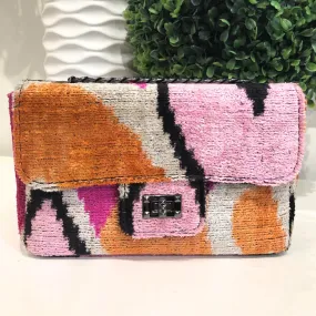 Teramasu One of a Kind Handmade Multi Colored Pink Tones Geometric Silk Tapestry Purse