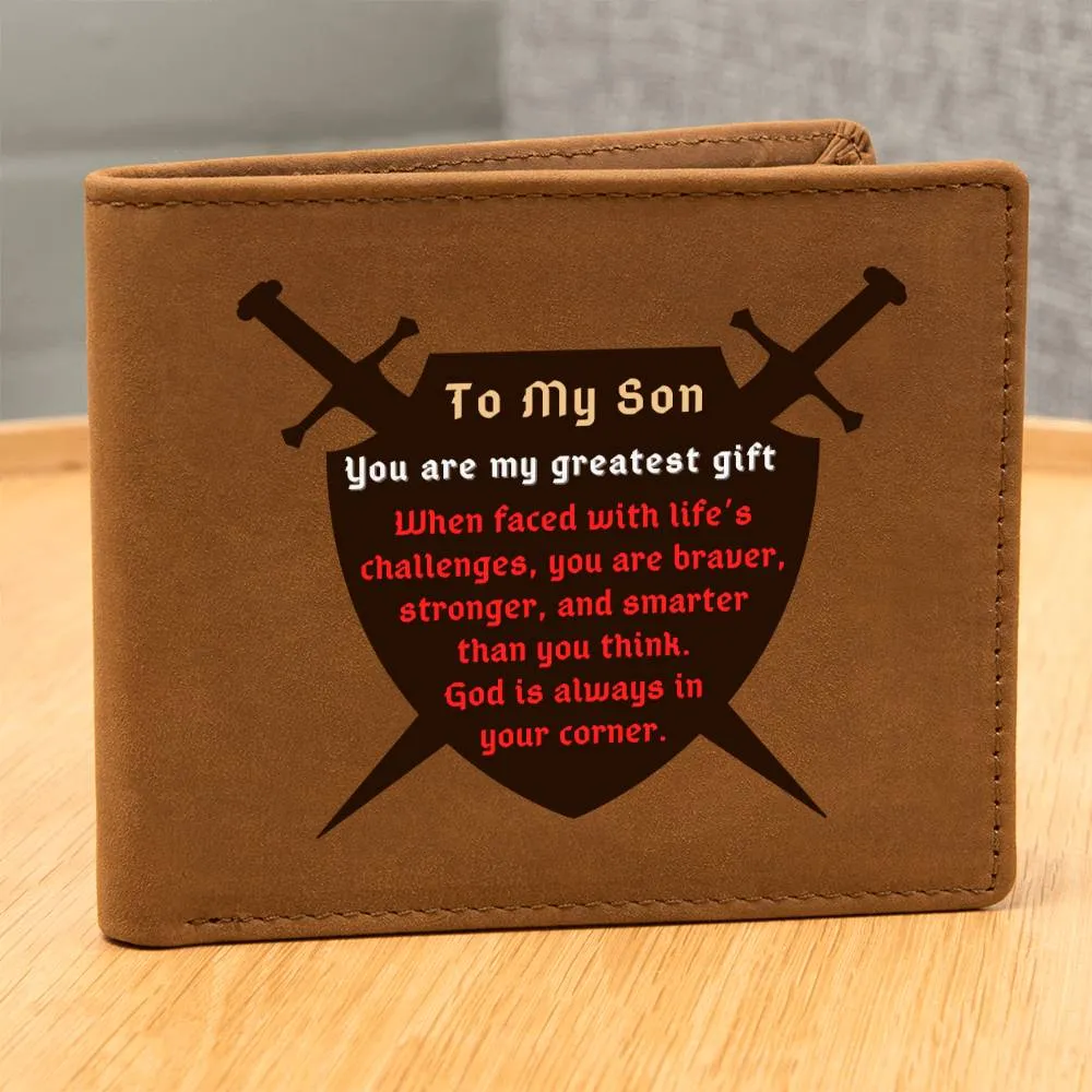 To Son Gift, Warrior Shield, Life's Challenges Inspirational Graphic Leather Wallet