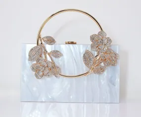 White Gold Floral Acrylic Rhinestones Wedding Bag, Statement Bag, Evening Clutch, Wedding Clutch, Bridal Clutch, Bridal Cross body bag.